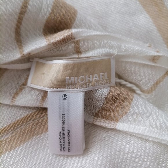 Michael Kors Womens White Brown Striped Fringe Rectangle Scarf One Size - Picture 2 of 2